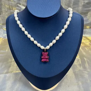 White Pink Pearl Strand Crystal-Encrusted Gummy Bear Pendant Necklace