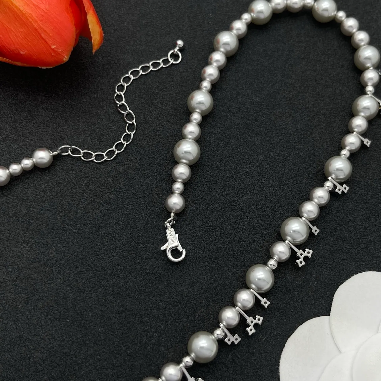 White Silver Pearl Strand Graduated Sizing Necklace 2