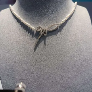 白银珍珠串 镶钻 蝴蝶结扣 项链