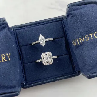 Winston Marquise-Cut Solitaire and Emerald-Cut Halo Cluster Rings