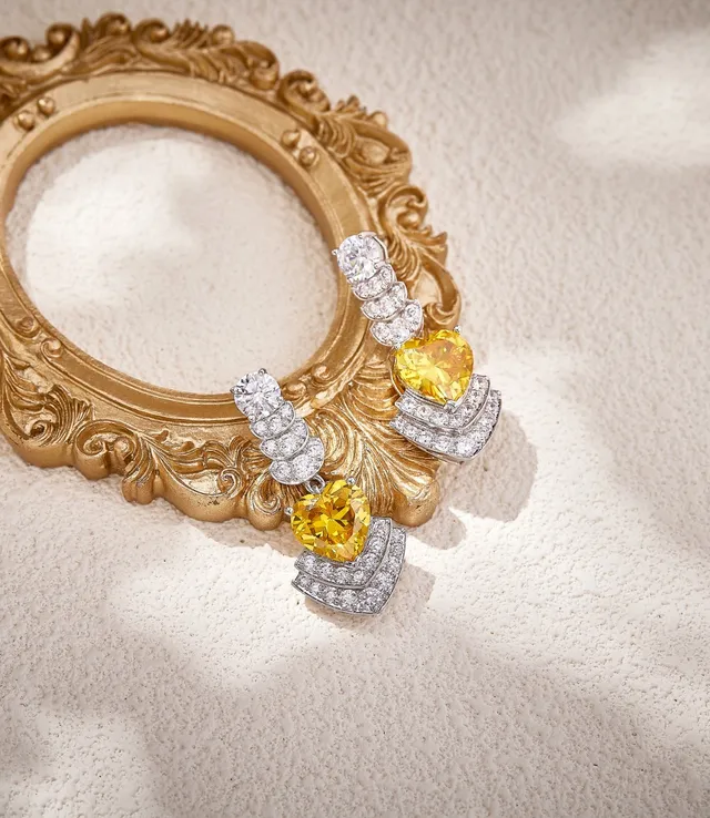 Yellow Heart Gemstone and Pavé Diamond Drop Earrings 6