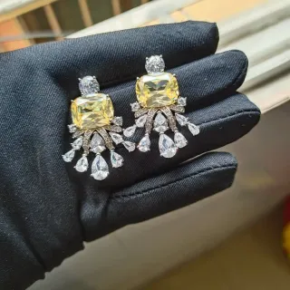 Yellow Silver Chandelier-Style Cushion-Cut Center Stone Earrings