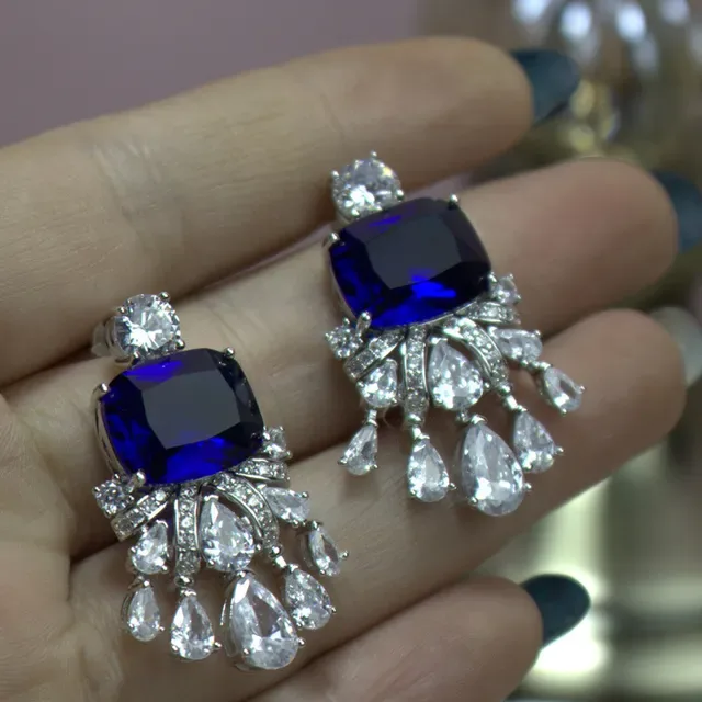 Yellow Silver Chandelier-Style Cushion-Cut Center Stone Earrings 7