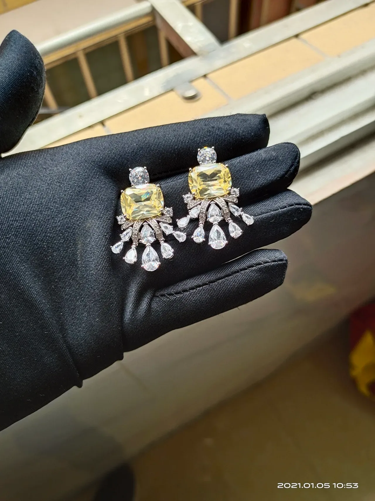 Yellow Silver Chandelier-Style Cushion-Cut Center Stone Earrings 8
