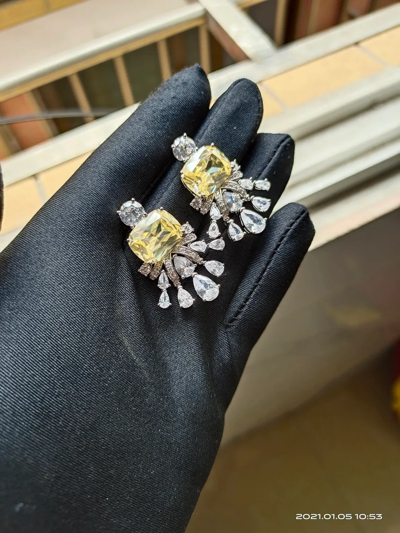 Yellow Silver Chandelier-Style Cushion-Cut Center Stone Earrings 9
