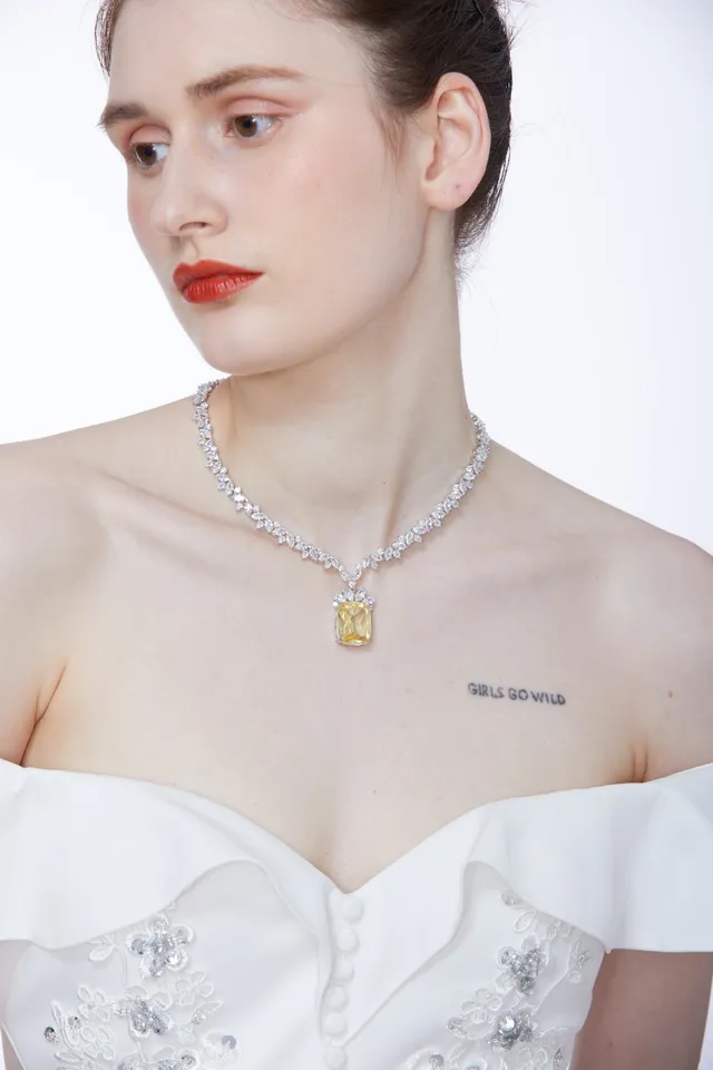 Yellow Silver Pavé Chain Cushion-Cut Gem Necklace 2
