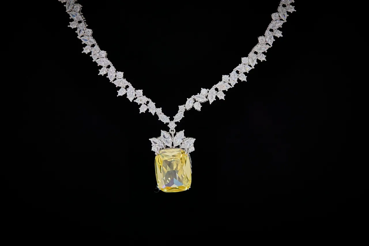 Yellow Silver Pavé Chain Cushion-Cut Gem Necklace 6