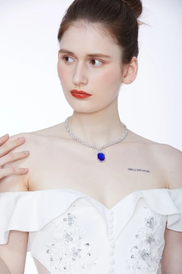 Yellow Silver Pavé Chain Cushion-Cut Gem Necklace 7