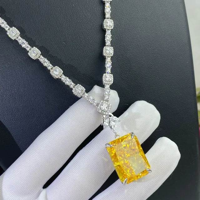 Yellow Silver Rectangular-Cut Center Stone Pavé-Set White Stones Necklace 4