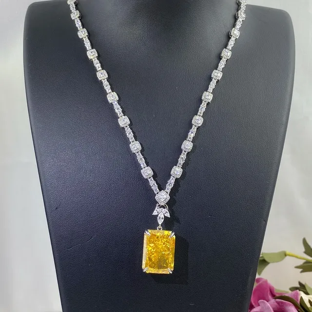 Yellow Silver Rectangular-Cut Center Stone Pavé-Set White Stones Necklace 5