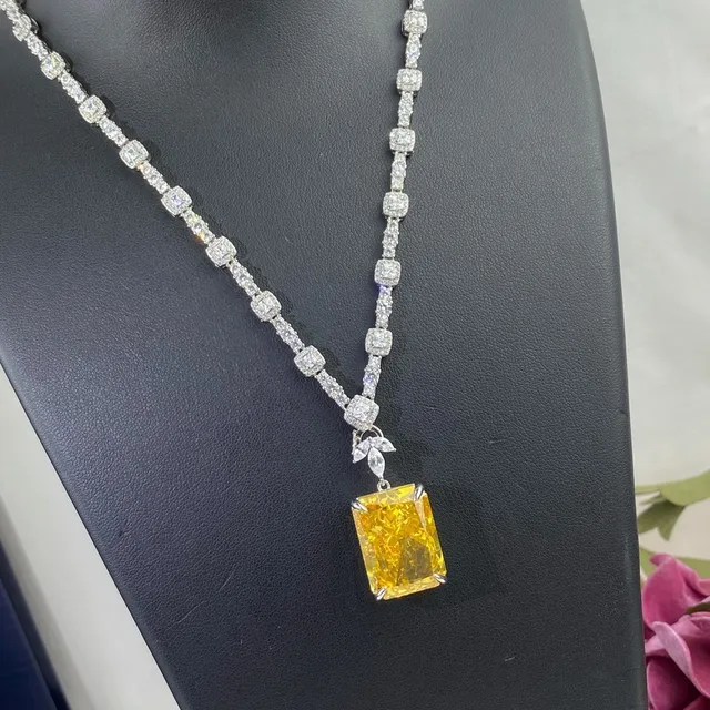 Yellow Silver Rectangular-Cut Center Stone Pavé-Set White Stones Necklace 6