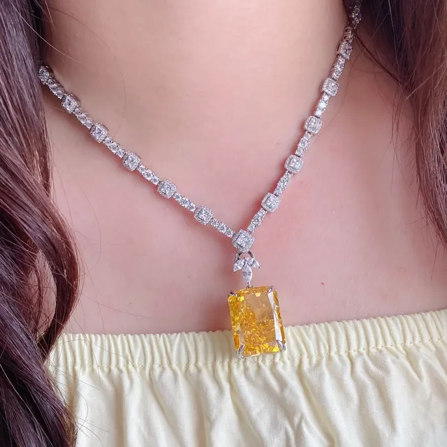 Yellow Silver Rectangular-Cut Center Stone Pavé-Set White Stones Necklace 7