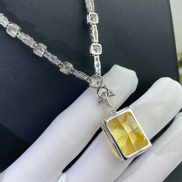Yellow Silver Rectangular-Cut Center Stone Pavé-Set White Stones Necklace 8