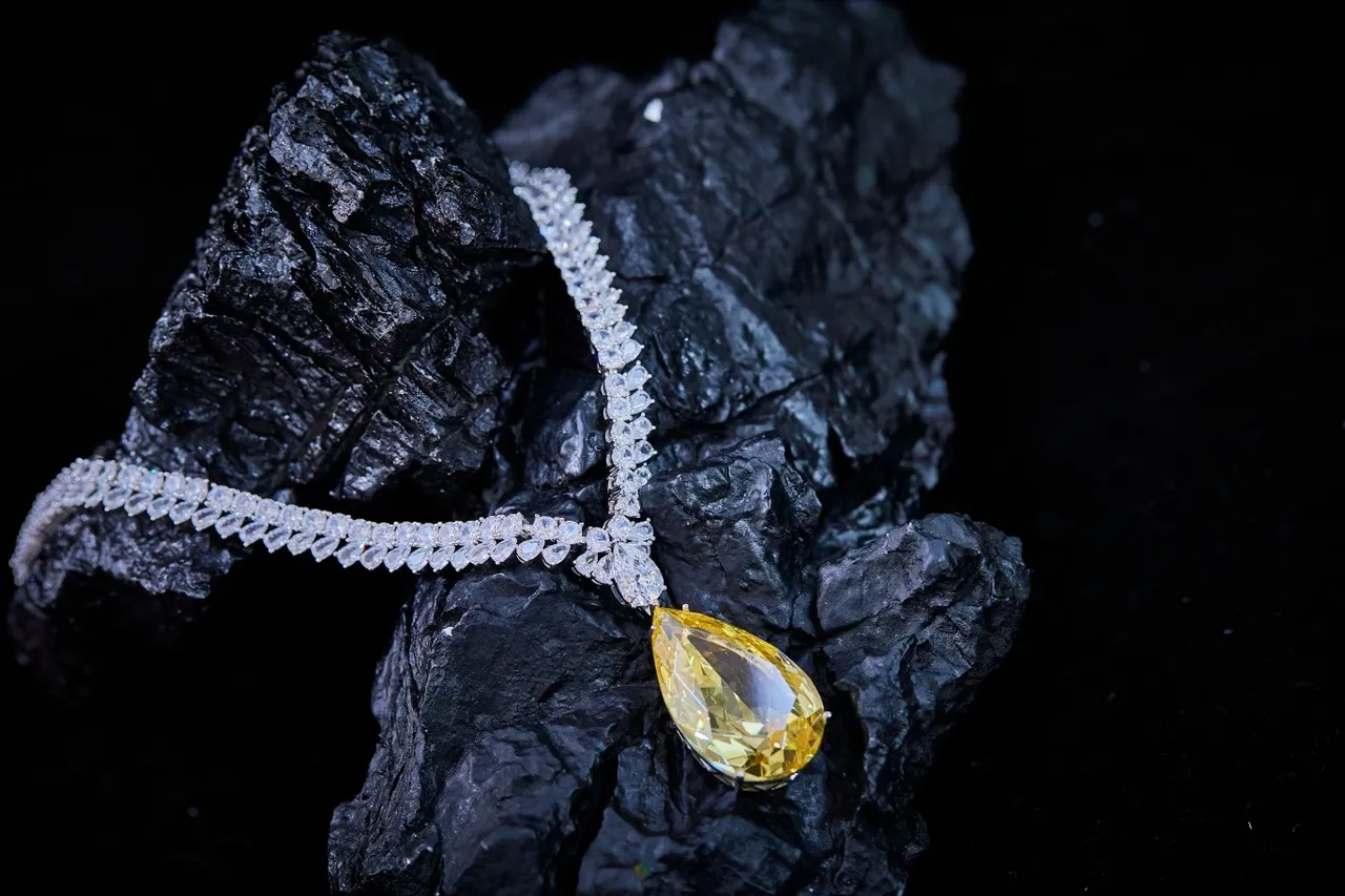 Yellow Silver Teardrop-Cut Central Stone Multi-Row Pavé Chain Necklace 5