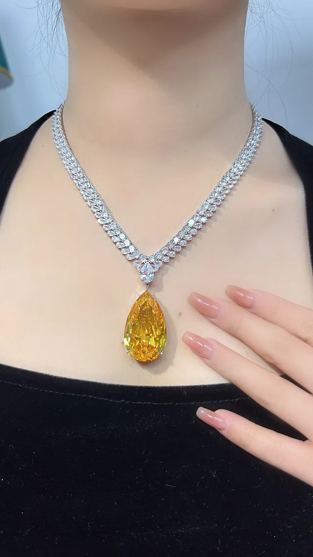 Yellow Silver Teardrop-Cut Central Stone Multi-Row Pavé Chain Necklace 8