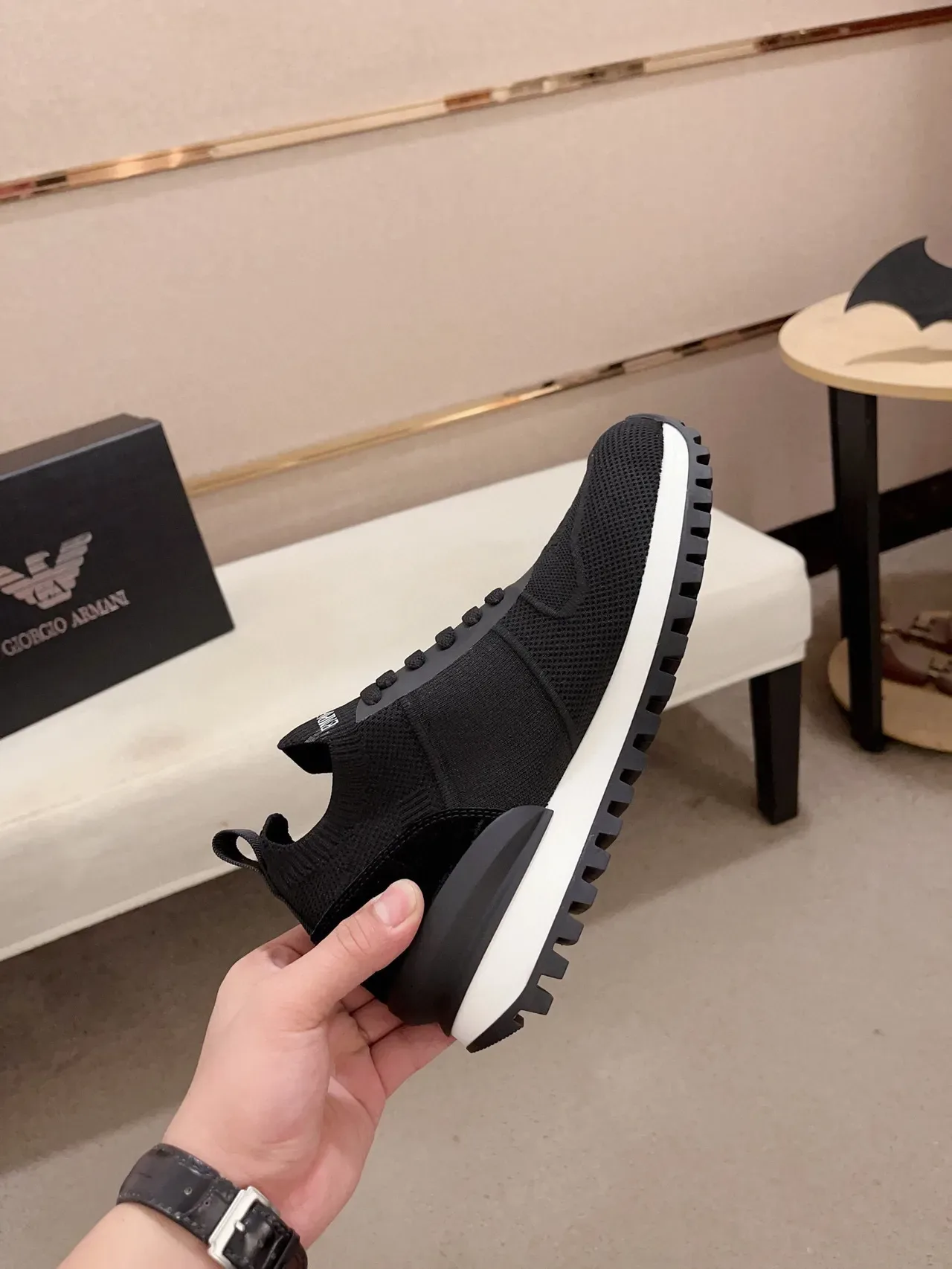 Giorgio Armani Logo de l'Aigle Sneaker Noir Blanc Tricoté Haut Col à Ourlet de Chaussette Chaussures Lifestyle 5