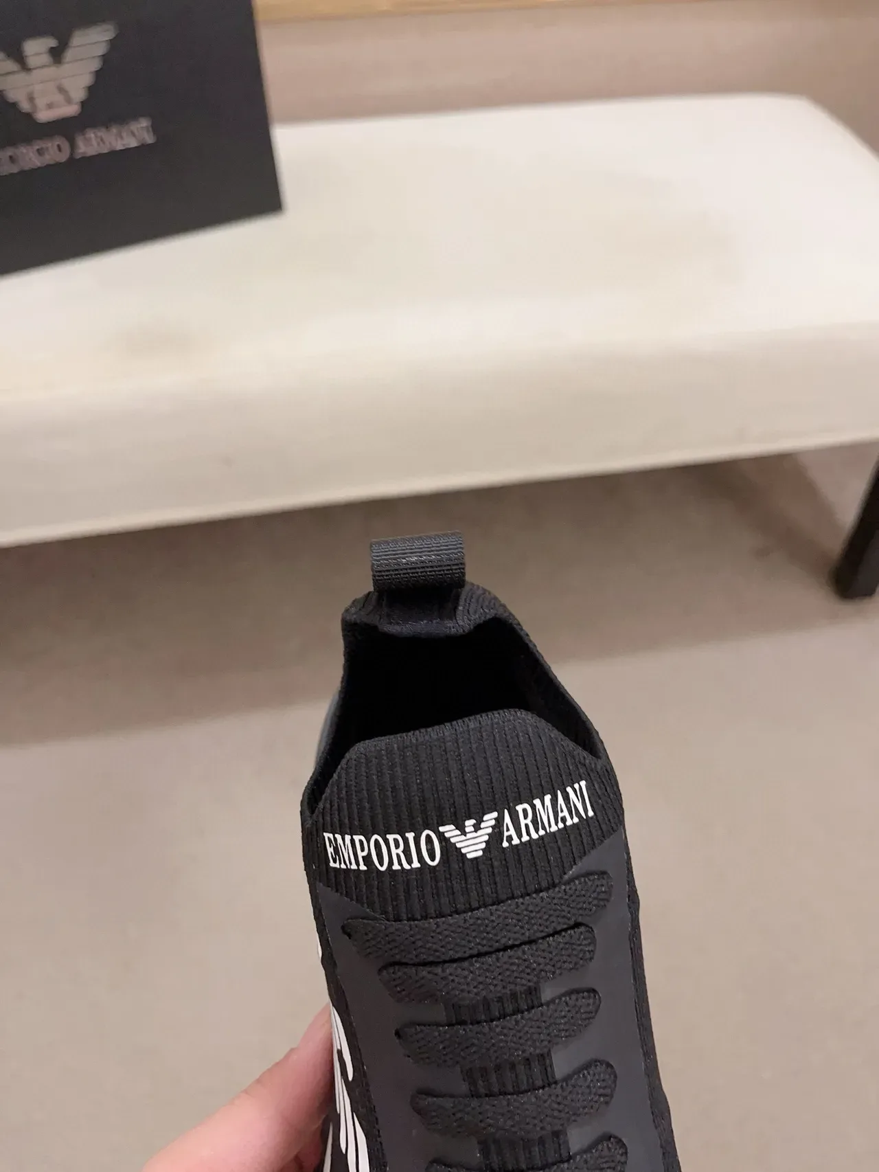 Giorgio Armani Logo de l'Aigle Sneaker Noir Blanc Tricoté Haut Col à Ourlet de Chaussette Chaussures Lifestyle 6