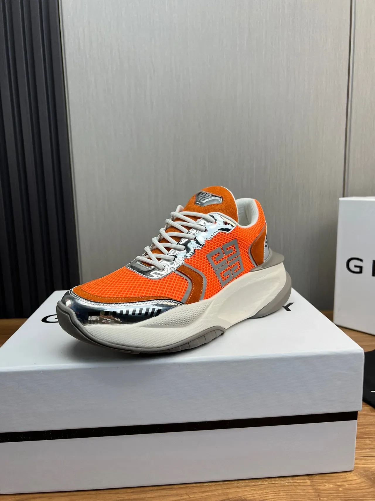 Givenchy Orange Silver Sole Mesh And Suede Upper Chunky Sneakers 2