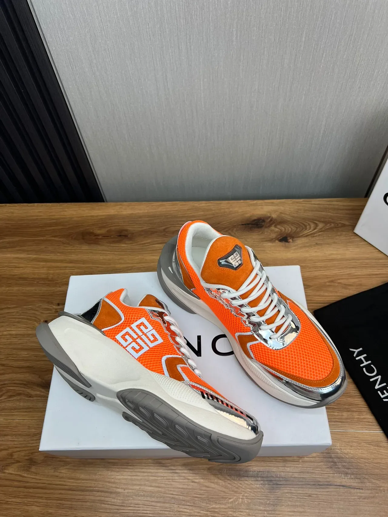 Givenchy Orange Silver Sole Mesh And Suede Upper Chunky Sneakers 3