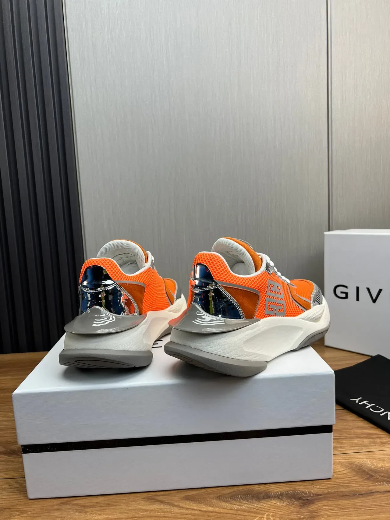 Givenchy Orange Silver Sole Mesh And Suede Upper Chunky Sneakers 4