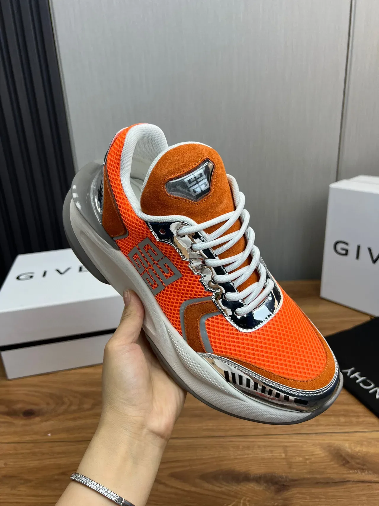 Givenchy Orange Silver Sole Mesh And Suede Upper Chunky Sneakers 5