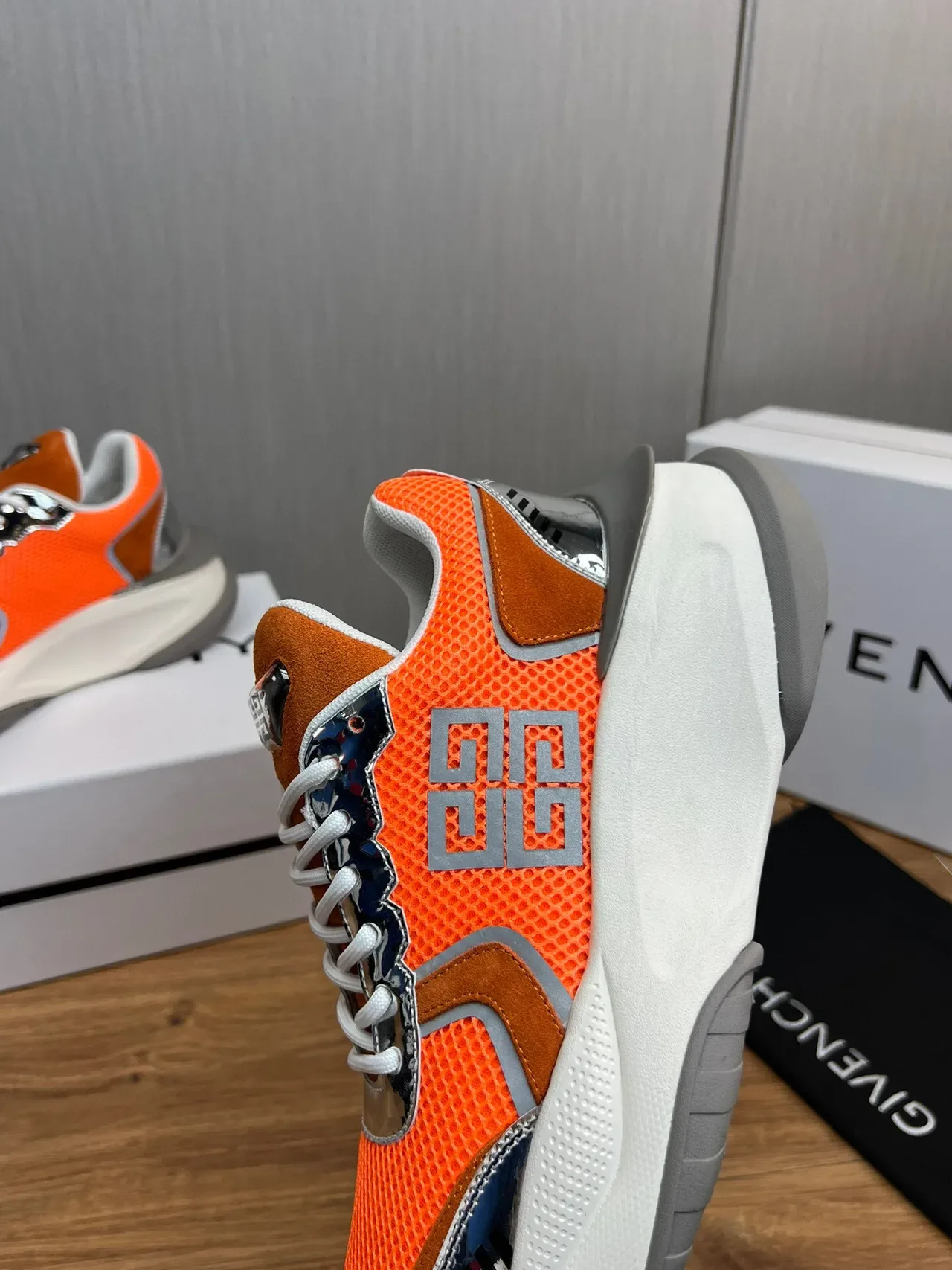 Givenchy Orange Silver Sole Mesh And Suede Upper Chunky Sneakers 6