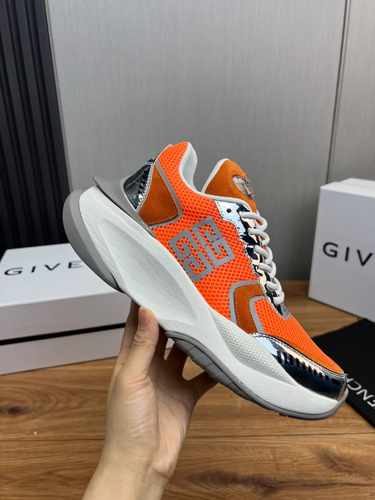 Givenchy Orange Silver Sole Mesh And Suede Upper Chunky Sneakers 7
