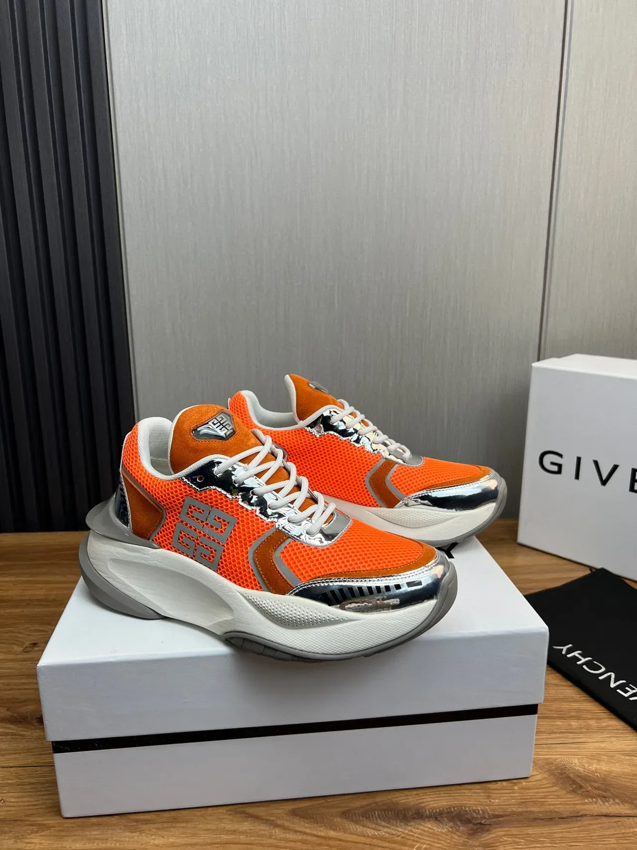 Givenchy Orange Silver Sole Mesh And Suede Upper Chunky Sneakers 8