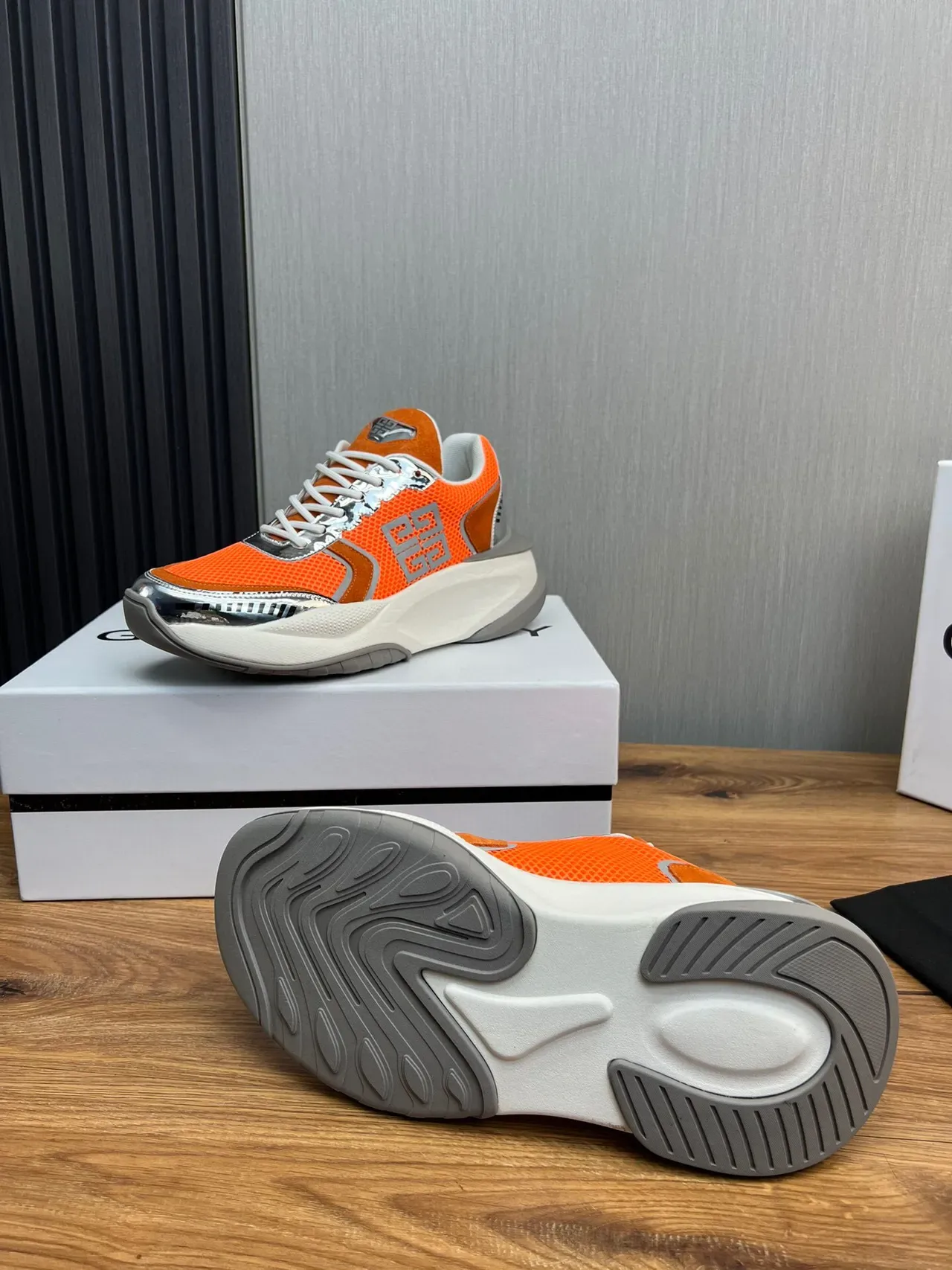 Givenchy Orange Silver Sole Mesh And Suede Upper Chunky Sneakers 9
