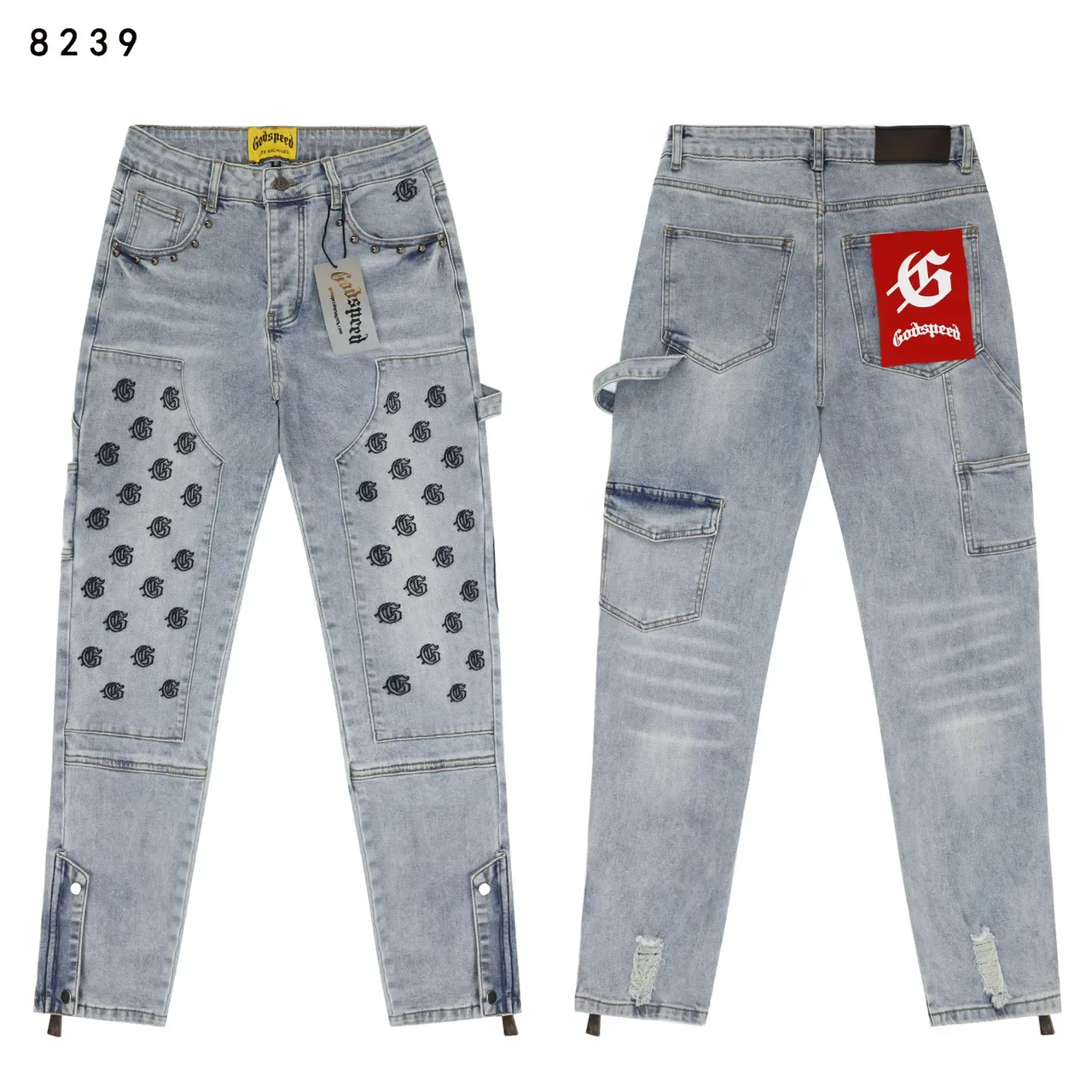 Godspeed Cargo-Pocket Embroidered Knee Panel Black Gray Studded Waistband Jeans 3