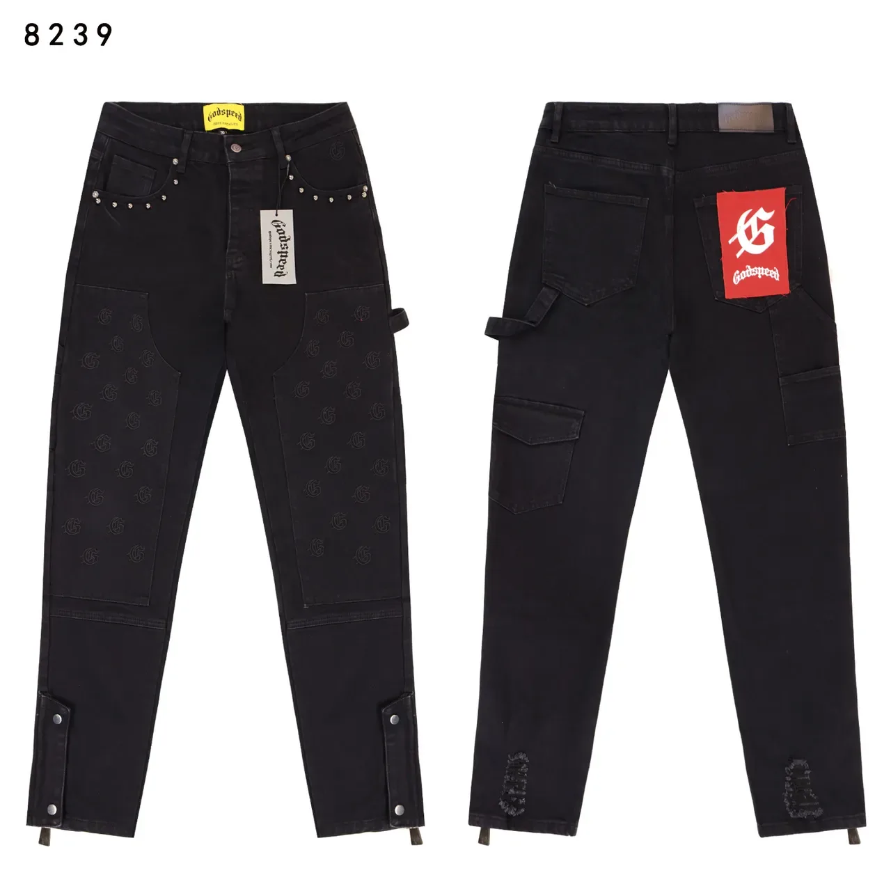Godspeed Cargo-Pocket Embroidered Knee Panel Black Gray Studded Waistband Jeans 4