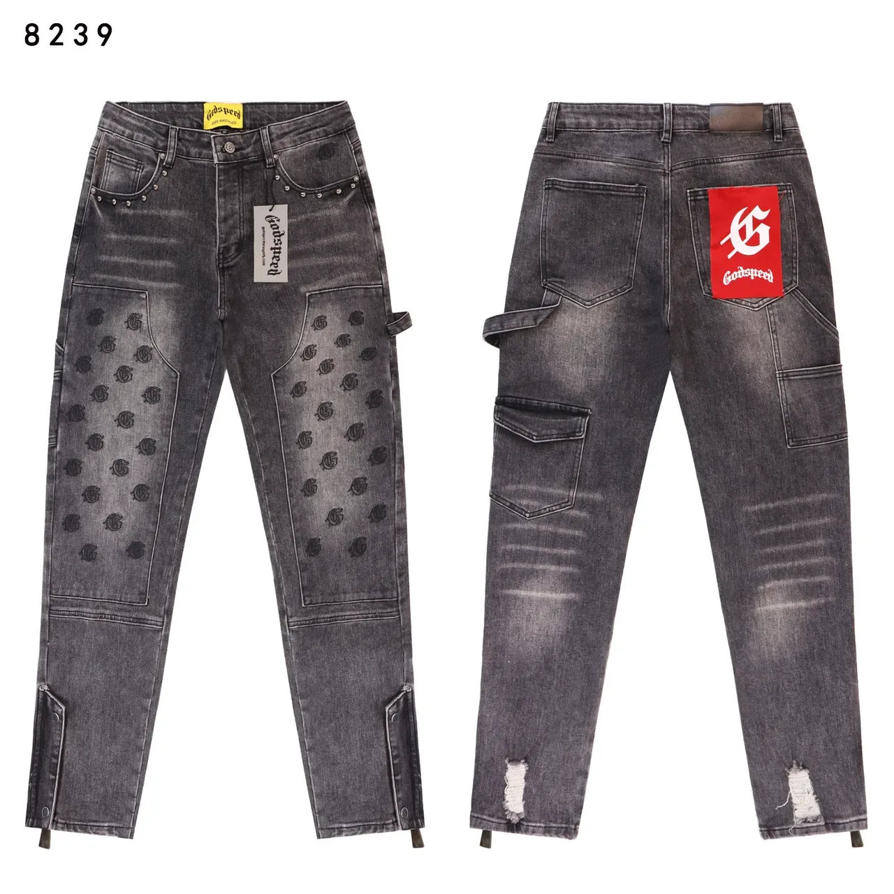 Godspeed Cargo-Pocket Embroidered Knee Panel Black Gray Studded Waistband Jeans 5