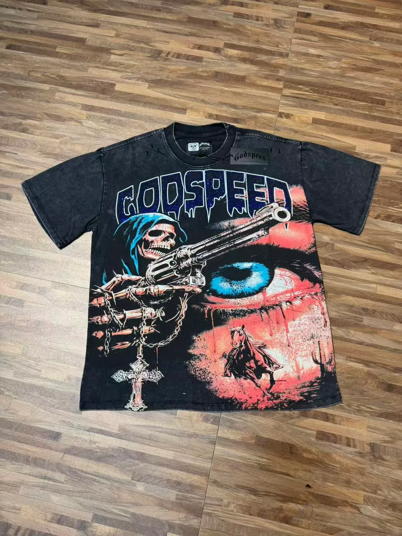 Godspeed Distressed Black Graphic Skull Revolver T-Shirt 3