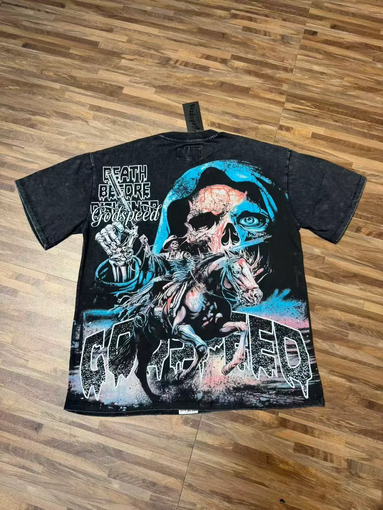 Godspeed Distressed Black Graphic Skull Revolver T-Shirt 4