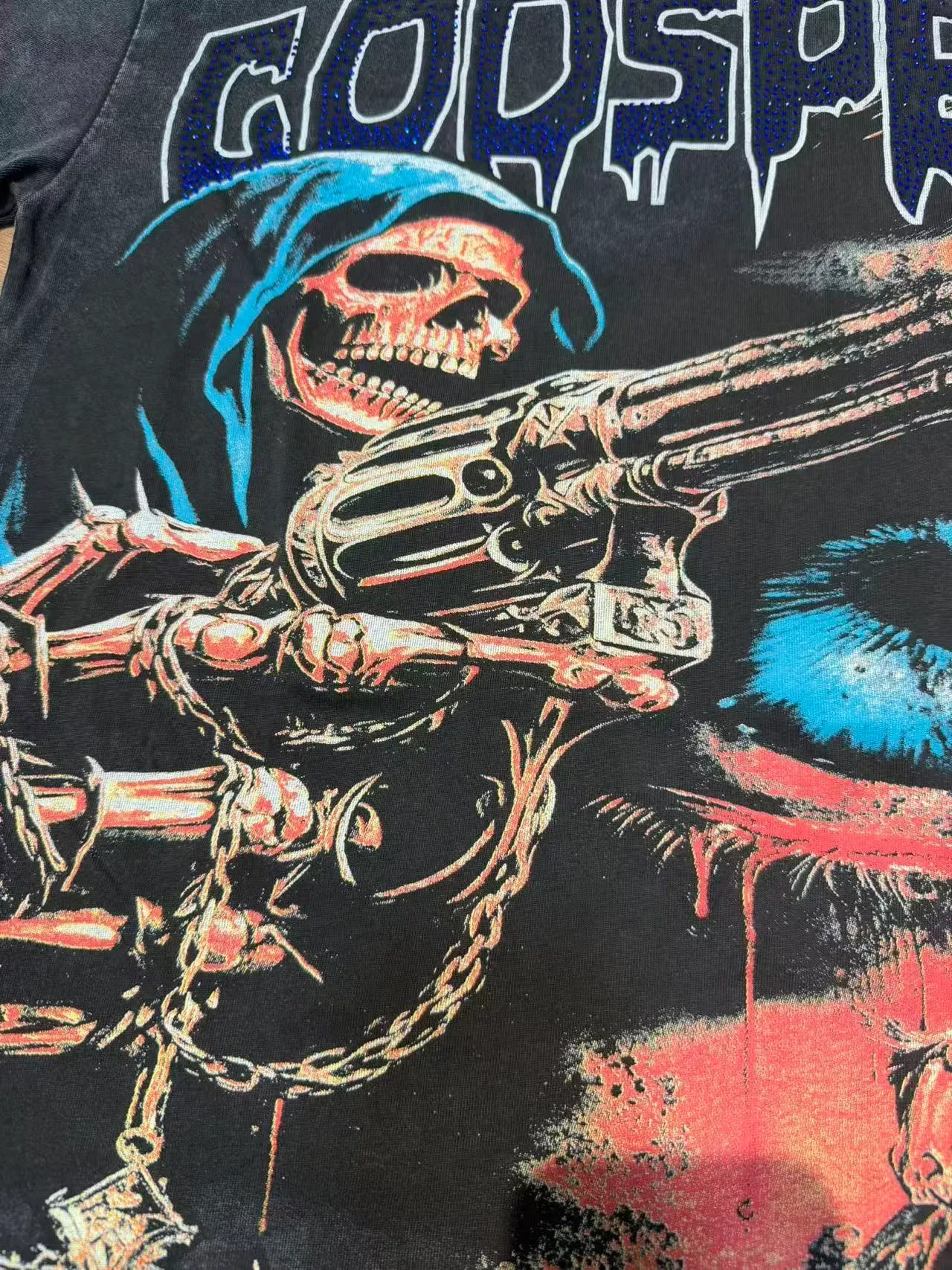 Godspeed Distressed Black Graphic Skull Revolver T-Shirt 5