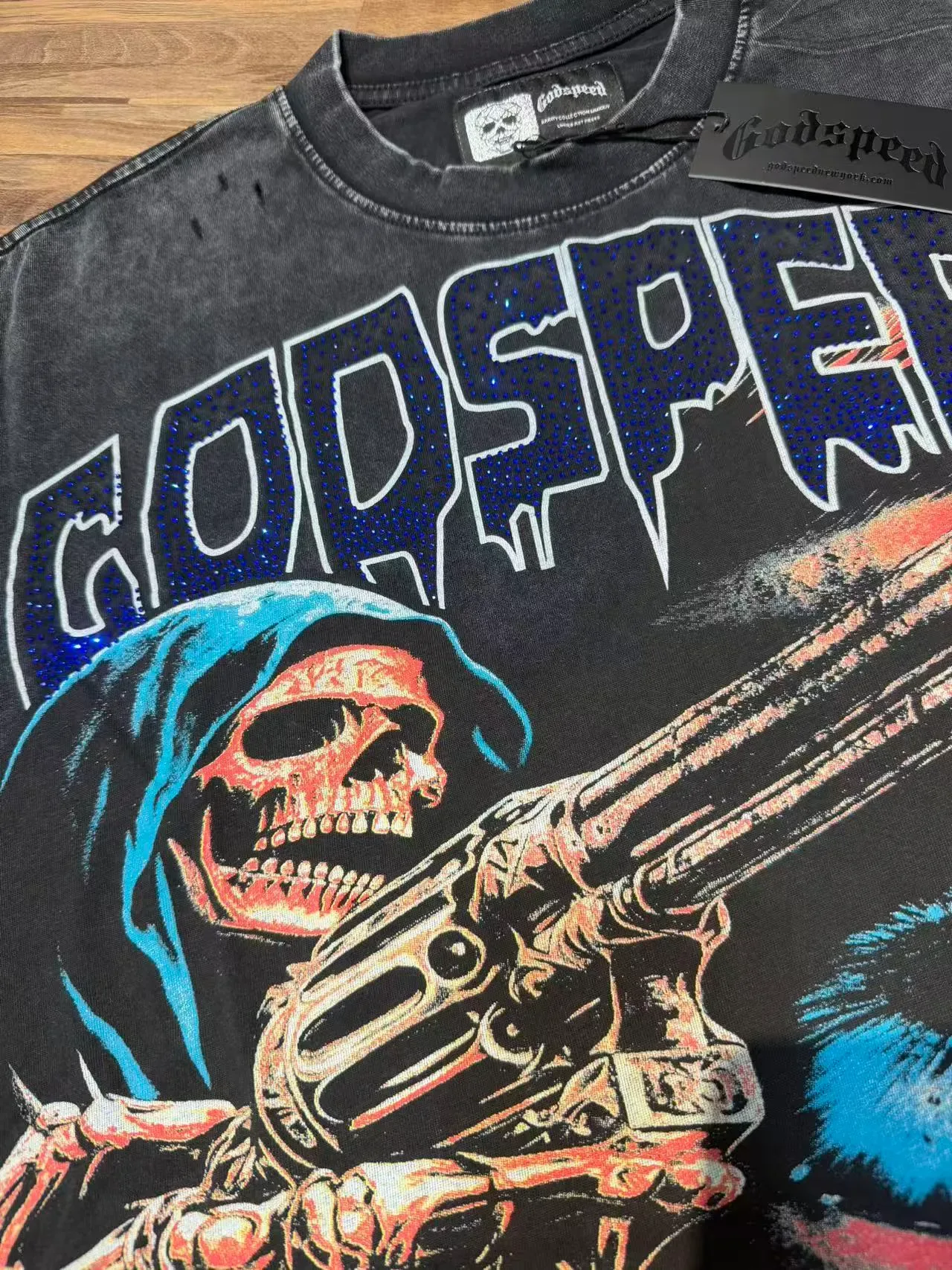 Godspeed Distressed Black Graphic Skull Revolver T-Shirt 6