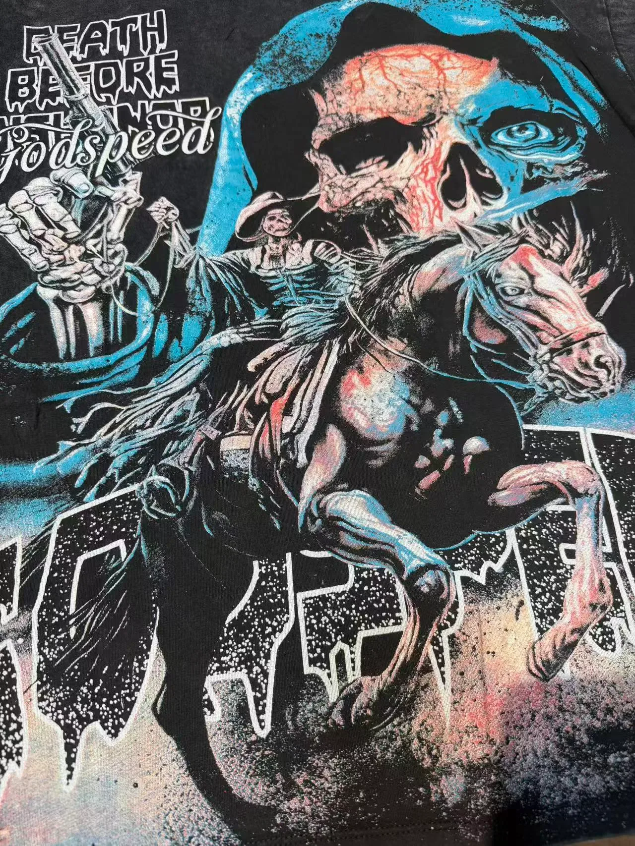 Godspeed Distressed Black Graphic Skull Revolver T-Shirt 9