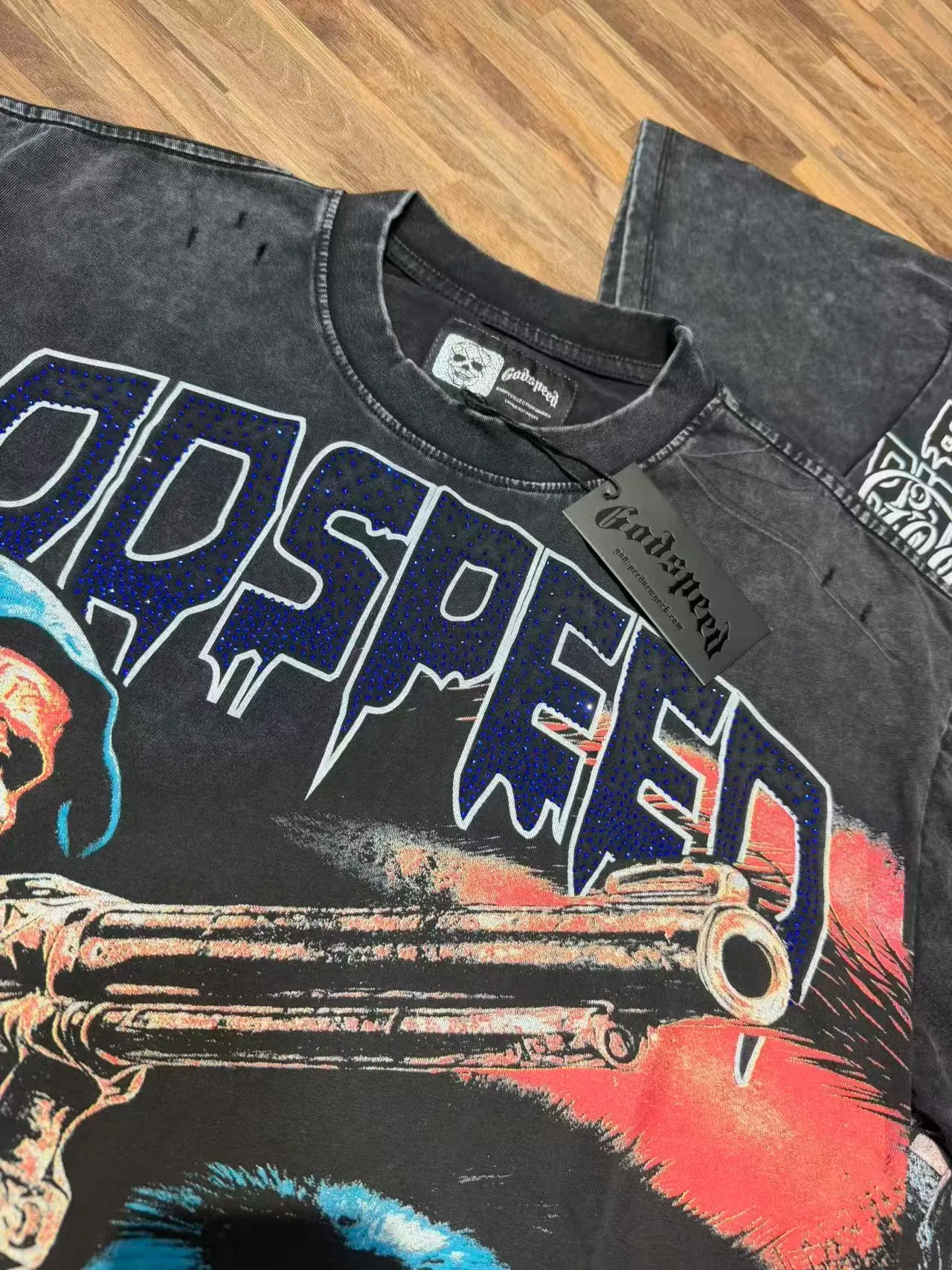 Godspeed Distressed Black Graphic Skull Revolver T-Shirt 12