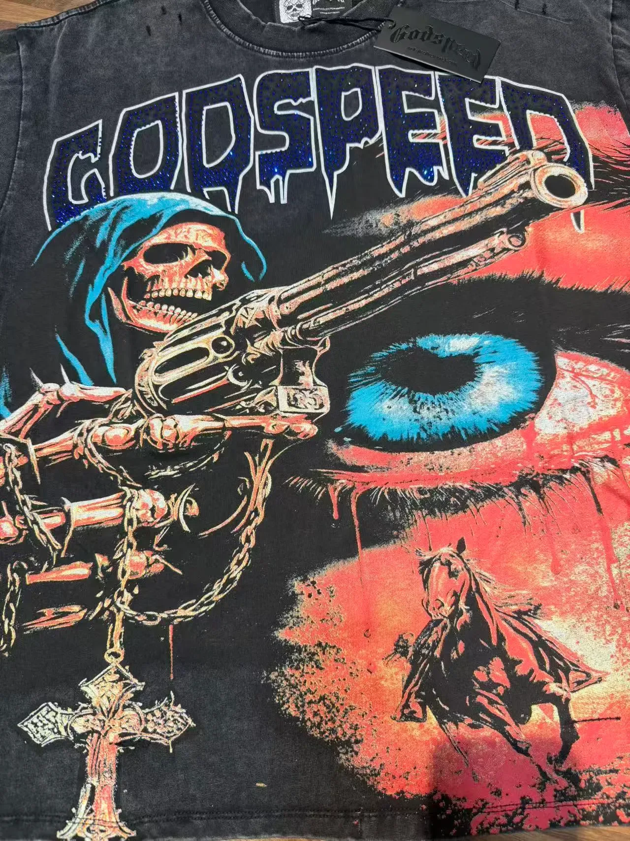 Godspeed Distressed Black Graphic Skull Revolver T-Shirt 13