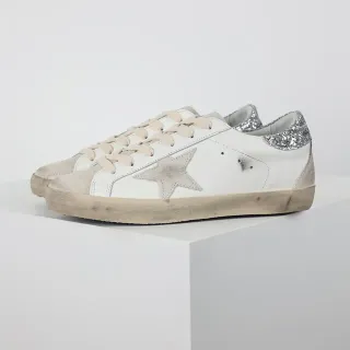 Golden Goose Superstar White Silver Distressed Gum Sole Glitter Heel Tab Lifestyle Sneakers