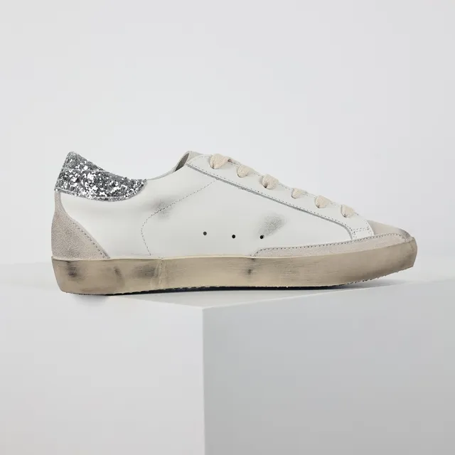 Golden Goose Superstar Branco Prata Desgastado Solado de borracha Brilhante Etiqueta de calcanhar Tênis lifestyle 7