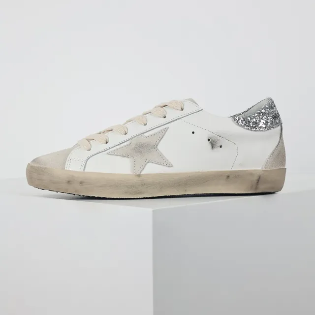 Golden Goose Superstar Branco Prata Desgastado Solado de borracha Brilhante Etiqueta de calcanhar Tênis lifestyle 9