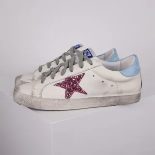 Golden Goose White Pink Distressed Leather Glitter Star Appliqué Lifestyle Sneakers