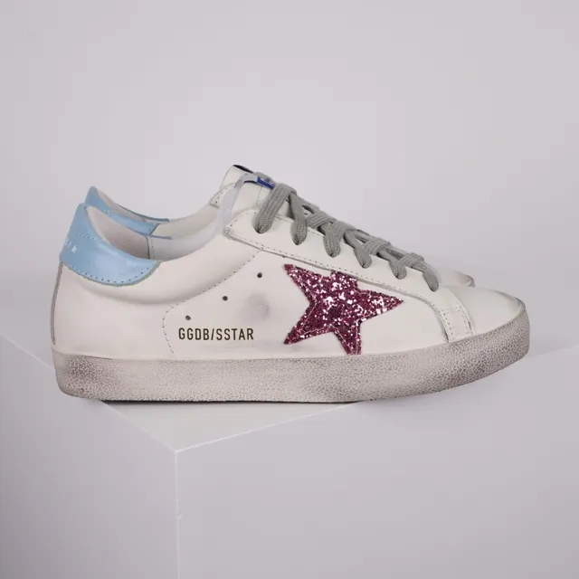 Golden Goose Tênis Lifestyle Brancos e Rosa de Couro Distressed com Glitter Star Appliqué 3