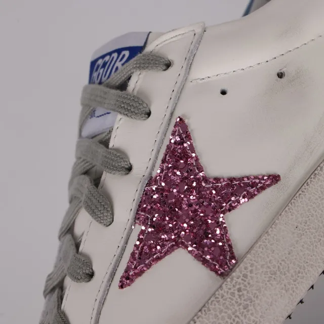 Golden Goose Tênis Lifestyle Brancos e Rosa de Couro Distressed com Glitter Star Appliqué 6