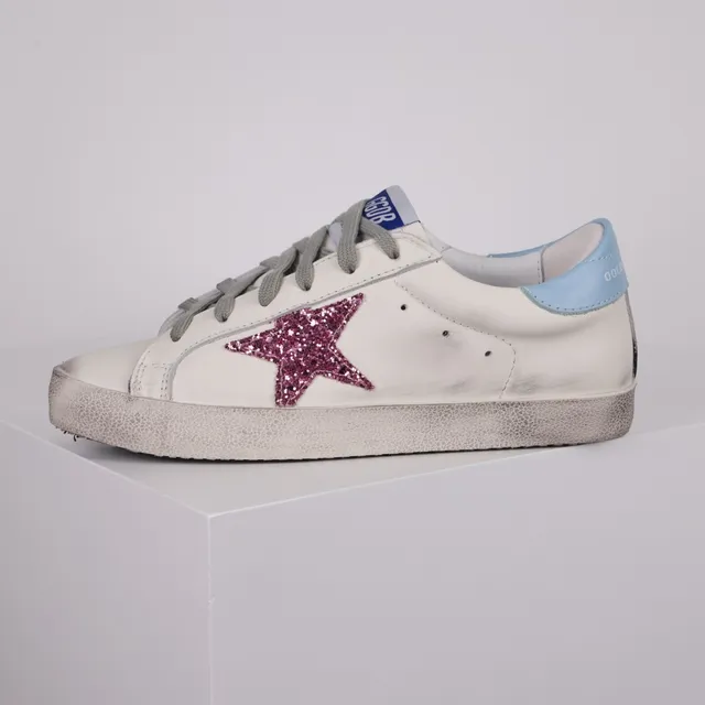 Golden Goose Tênis Lifestyle Brancos e Rosa de Couro Distressed com Glitter Star Appliqué 9