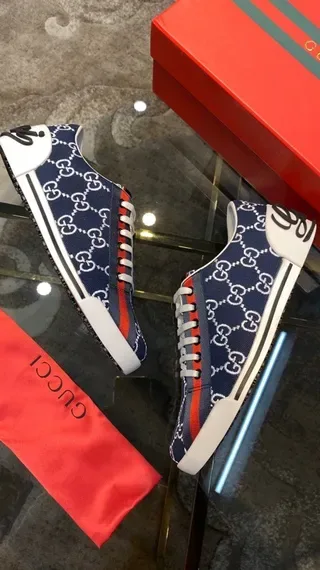Gucci Ace Navy Blue and Red GG Monogram Lifestyle Sneakers 2