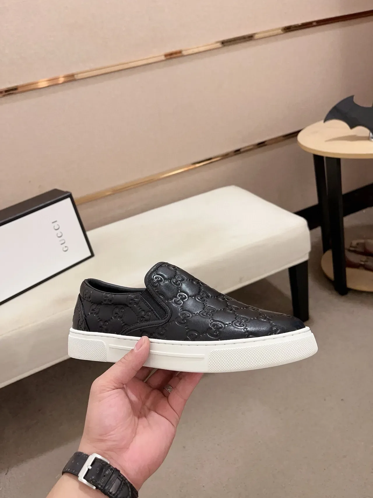 Gucci Ace Slip-On Noir GG Monogram Cuir Lifestyle Sneakers 4