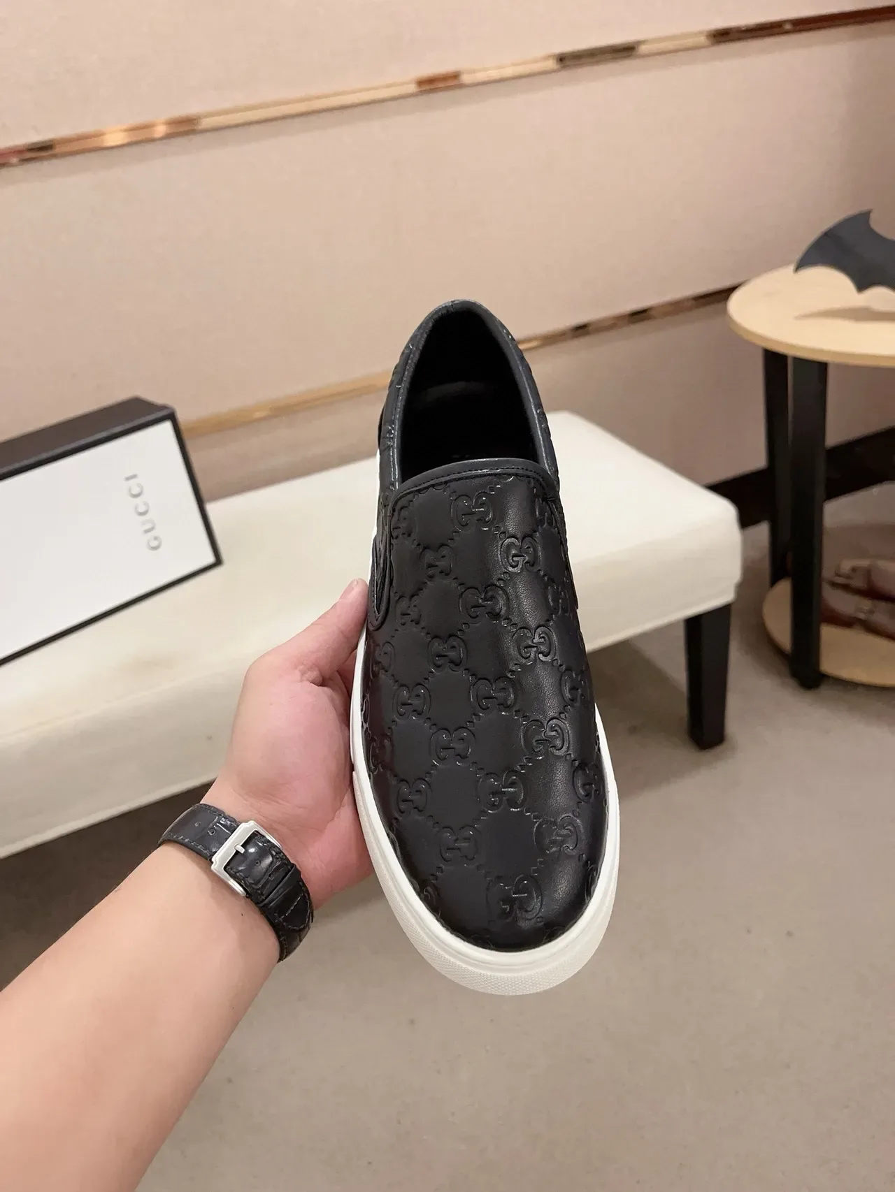 Gucci Ace Slip-On Noir GG Monogram Cuir Lifestyle Sneakers 5