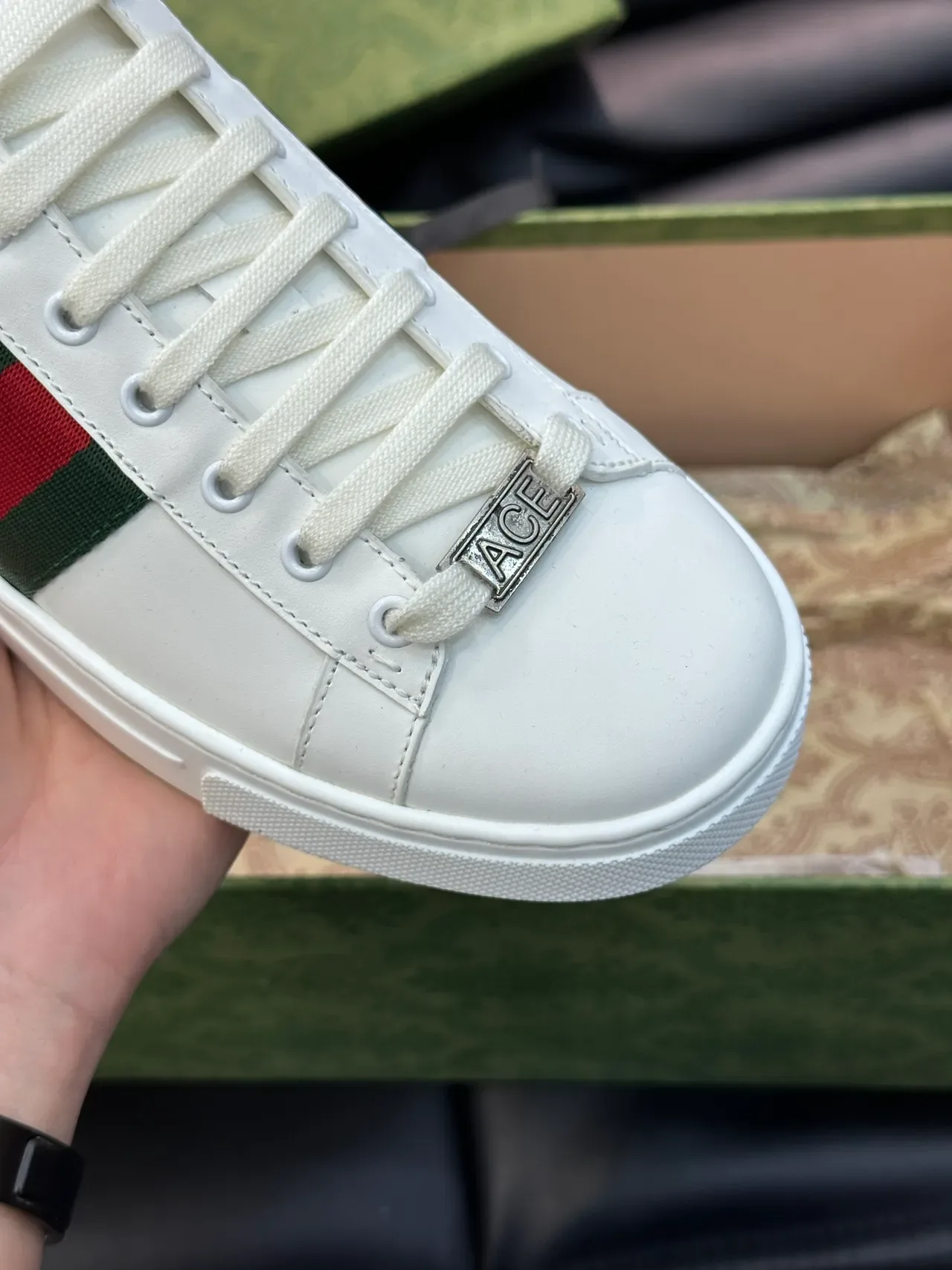 Gucci Ace White Green Leather Web Stripe Lifestyle Sneakers 4